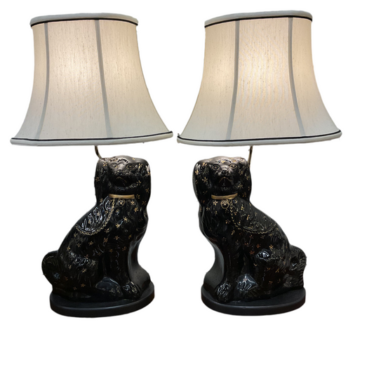 Pair Black and Gold Vintage Staffordshire Dog Lamps