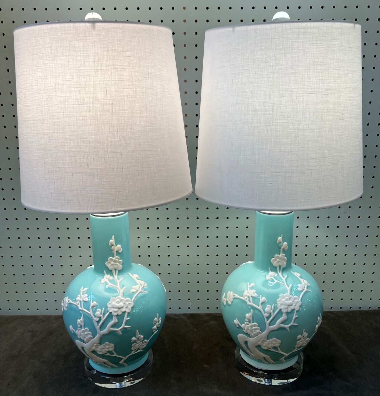 Pair Teal Cherry Blossom Lamps