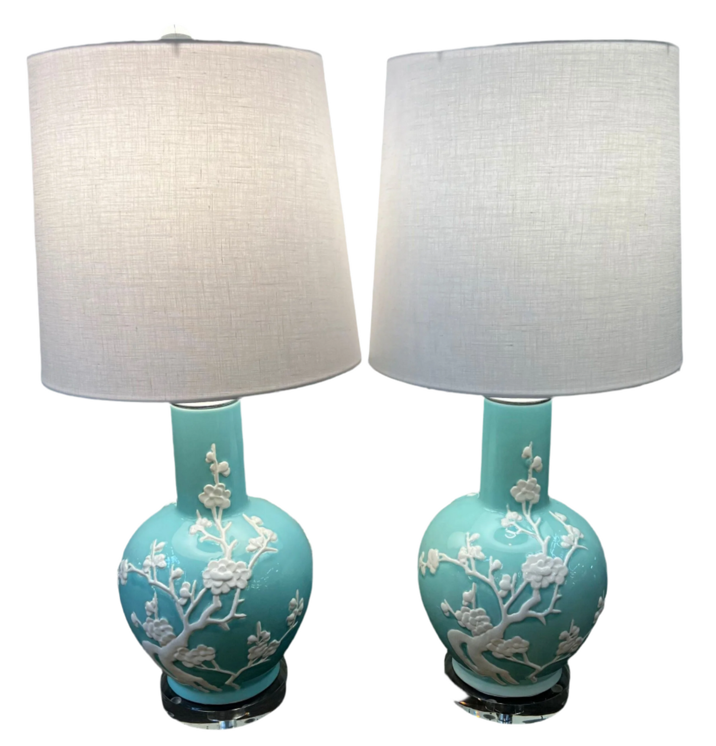 Pair Teal Cherry Blossom Lamps