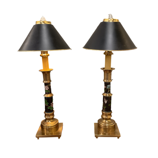 Pr  Brass Candlestick Cloisonné Lamps