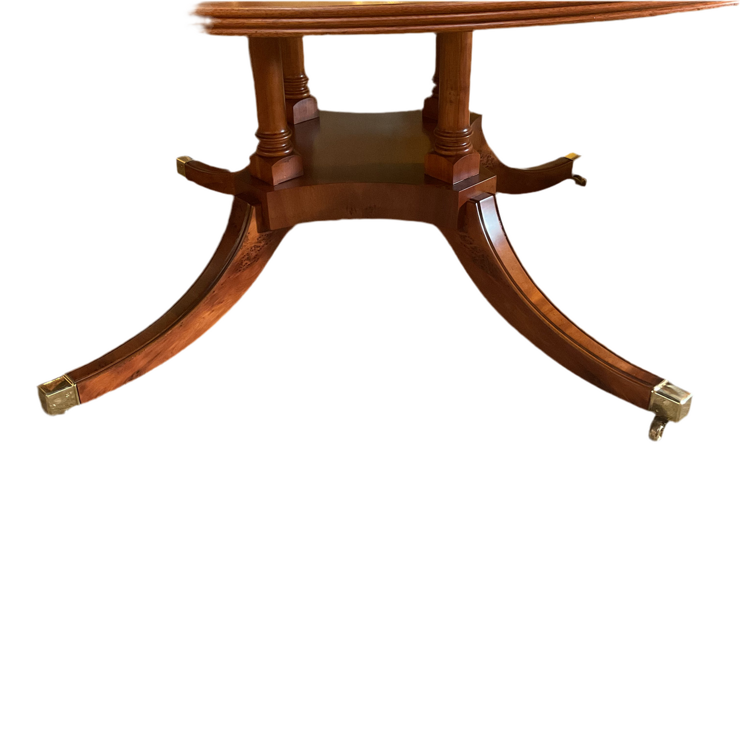 English Yew Wood Regency Style Round Dining Table.