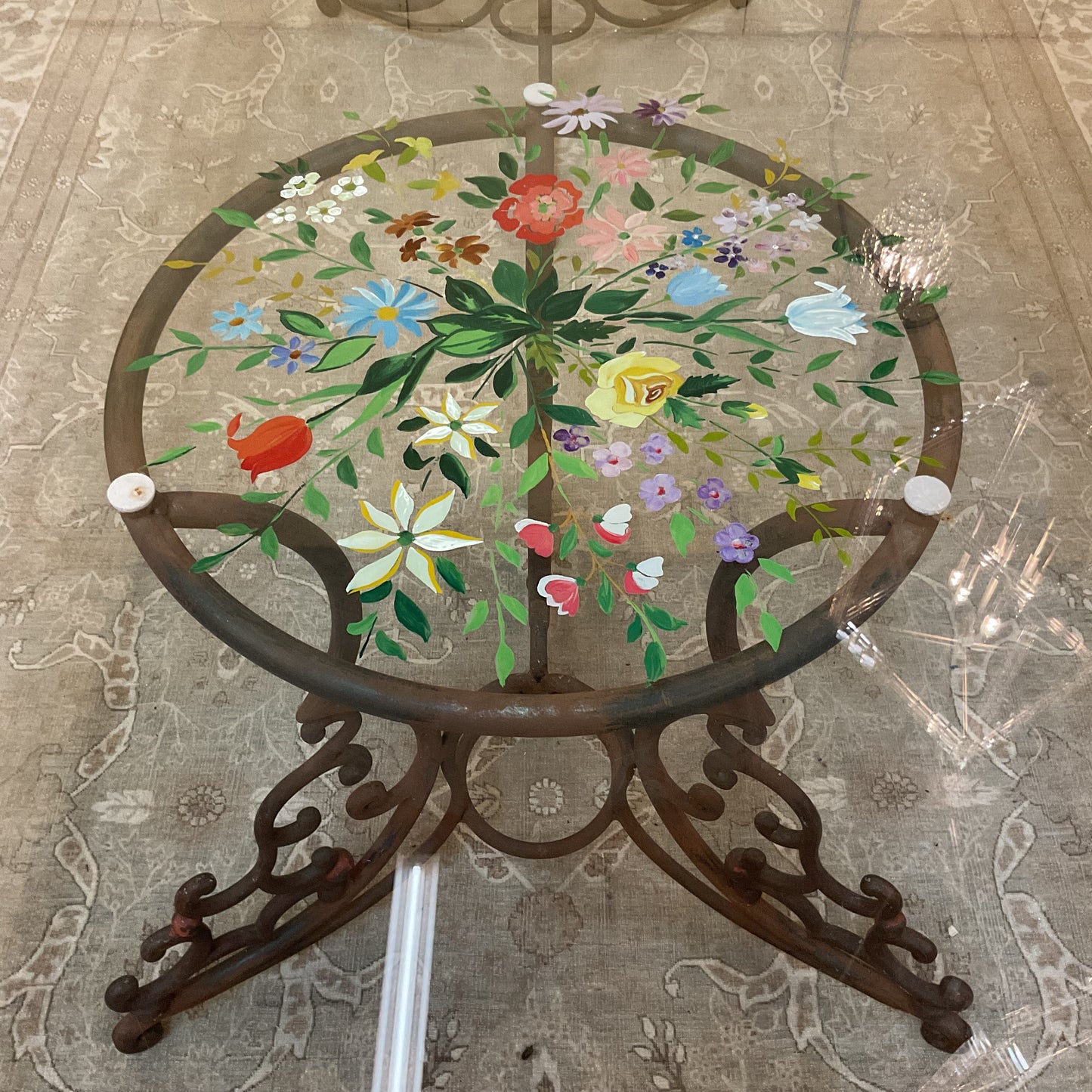 Custom Glass Top Dining Table Hand Painted Floral Designs