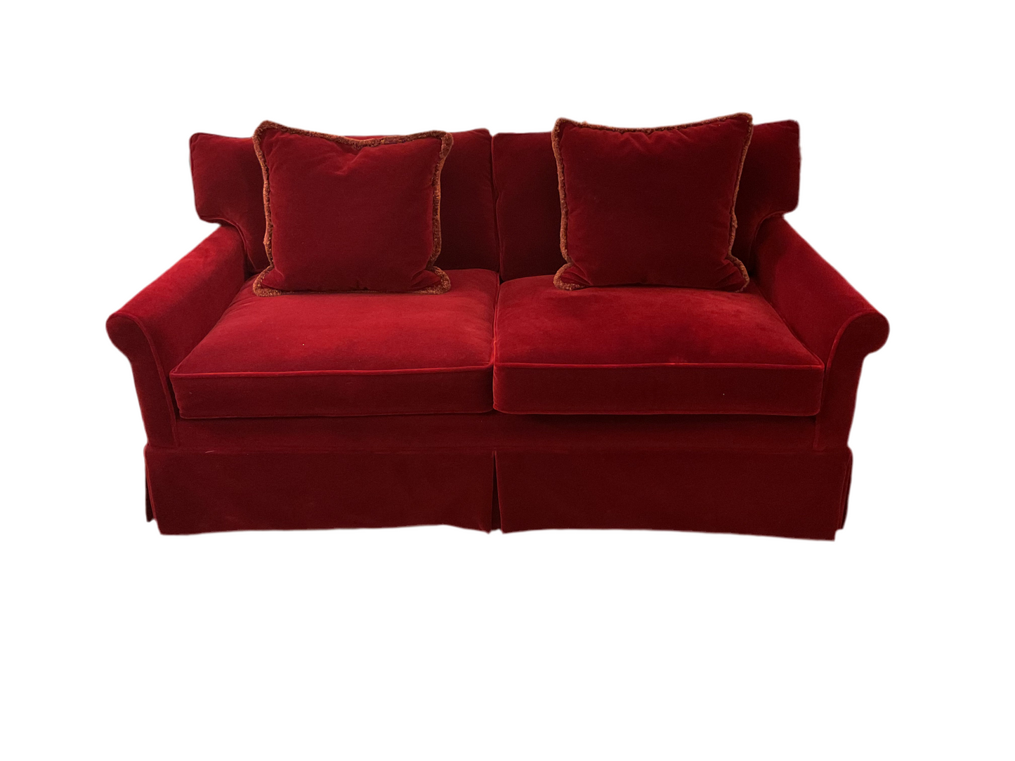 Pair of Burgundy Mohair Loveseats By Century Furniture.