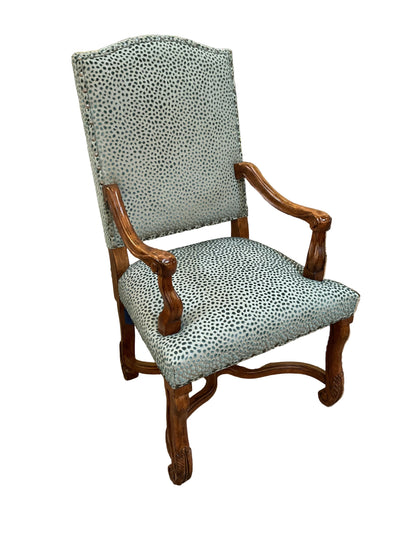 Pair Louis XV Style Carved Arm Chairs Teal Upholstery