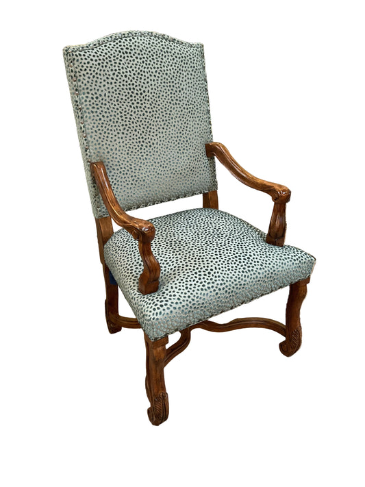 Pair Louis XV Style Carved Arm Chairs Teal Upholstery