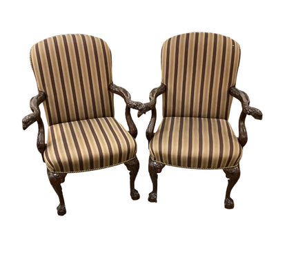Pair Brown Striped Carved Eagle Head Arm Chairs by William Switzer
