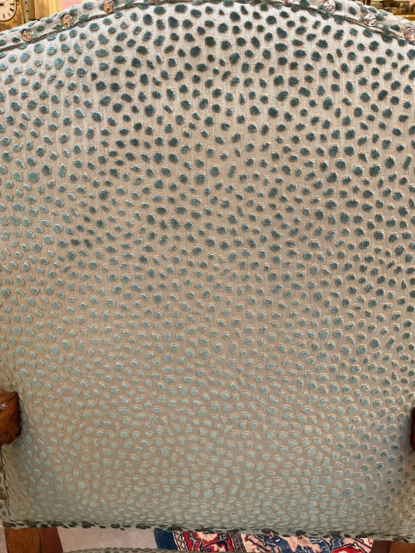 Pair Louis XV Style Carved Arm Chairs Teal Upholstery