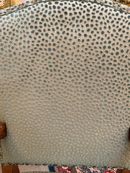Pair Louis XV Style Carved Arm Chairs Teal Upholstery