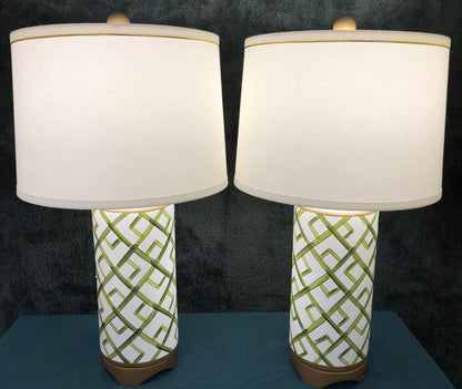 Pair of Green Hand Painted Bamboo Lamps