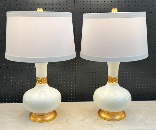 Pair White and Gold Leaf Vase Lamps