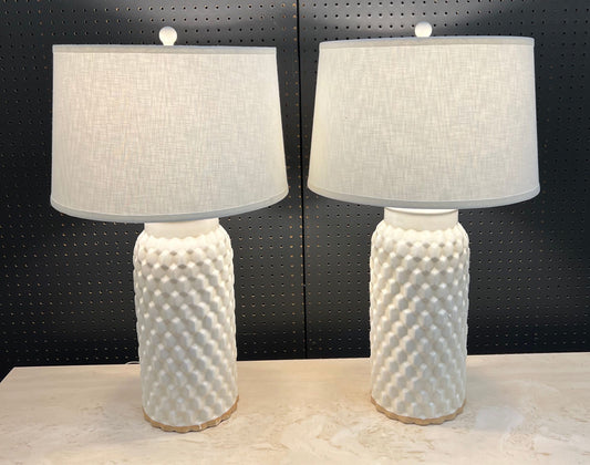 Pair White Woven Basket Pattern Lamps