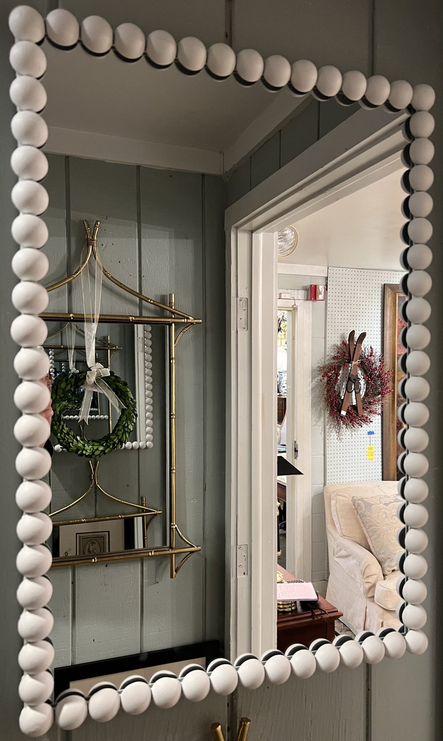 White Metal Beaded Mirror