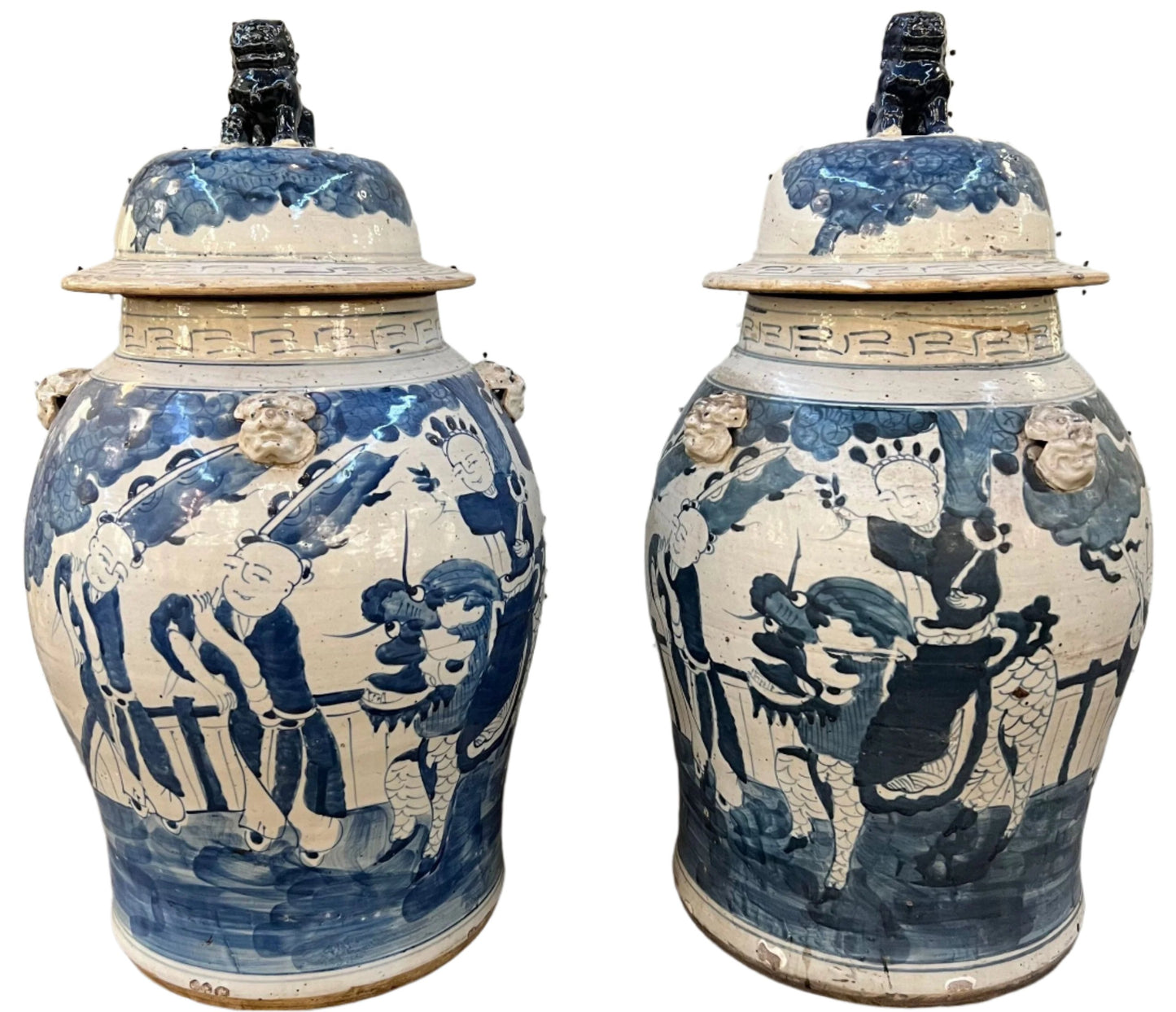 Pair Blue and White Foo Dogs Scene Temple Jars