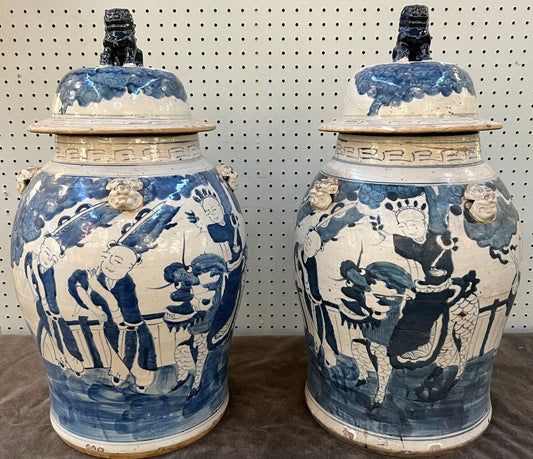 Pair Blue and White Foo Dogs Scene Temple Jars