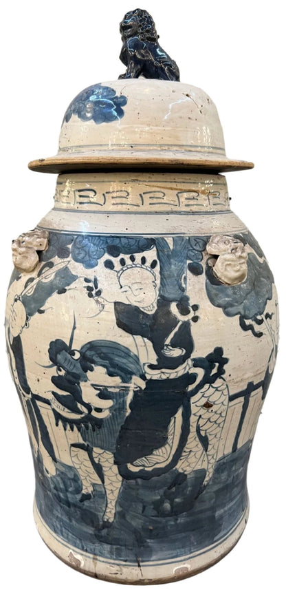 Pair Blue and White Foo Dogs Scene Temple Jars