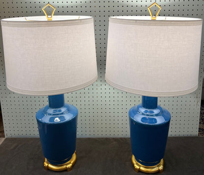 Pair Blue Vase Form Lamps