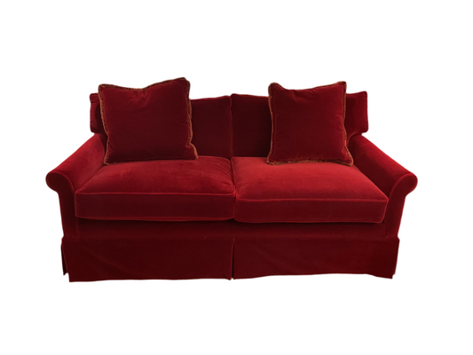 Pair of Burgundy Mohair Loveseats By Century Furniture.