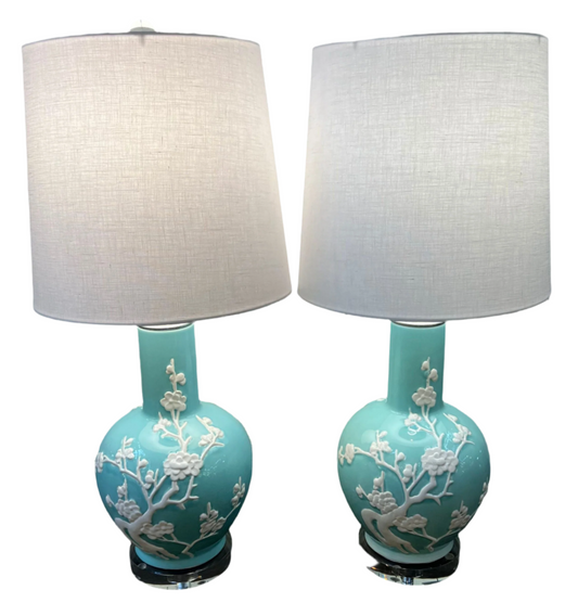 Pair Teal Cherry Blossom  Lamps