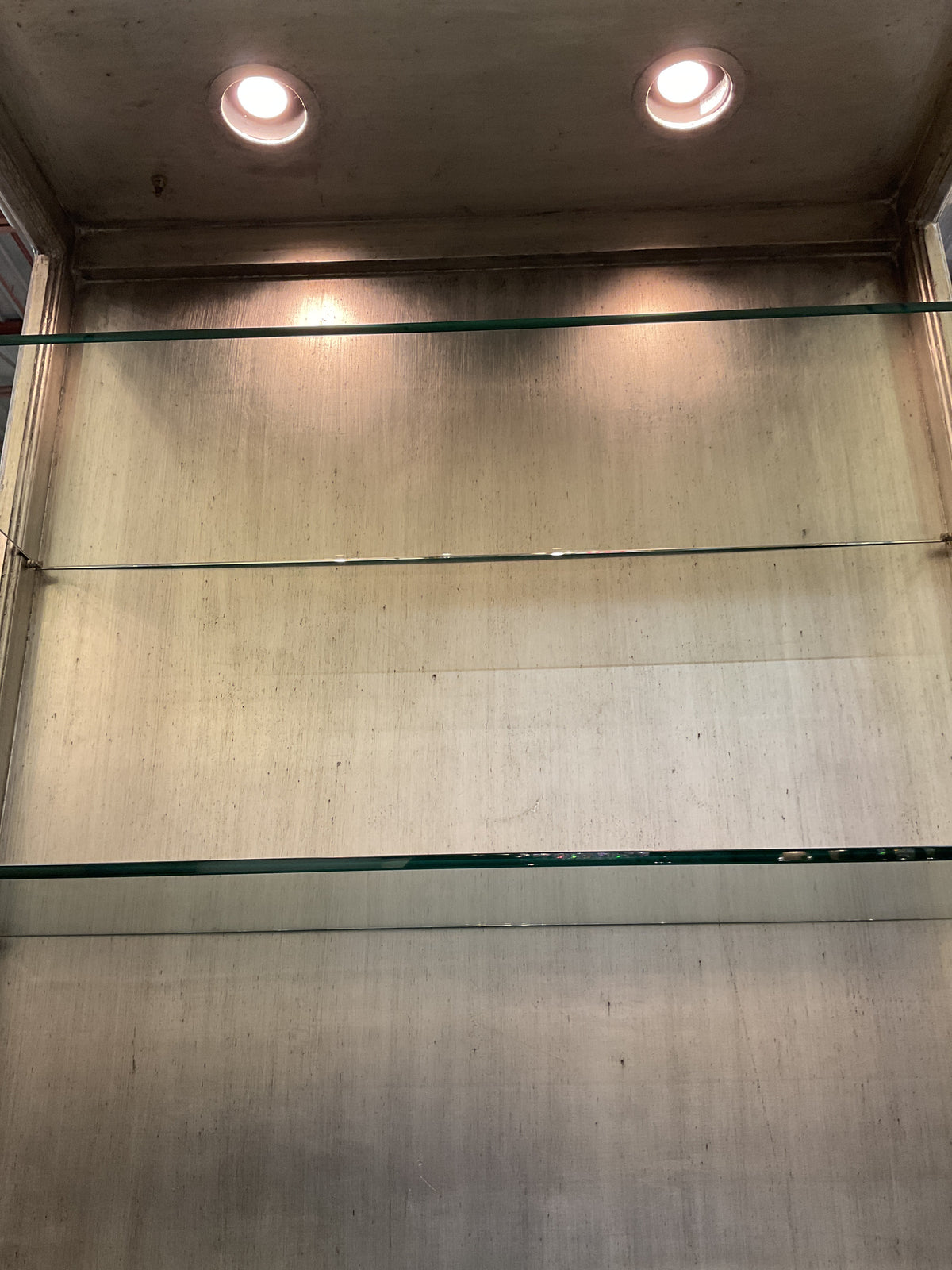 Pair Silver Leaf Wood Etagers w/Glass Shelves
