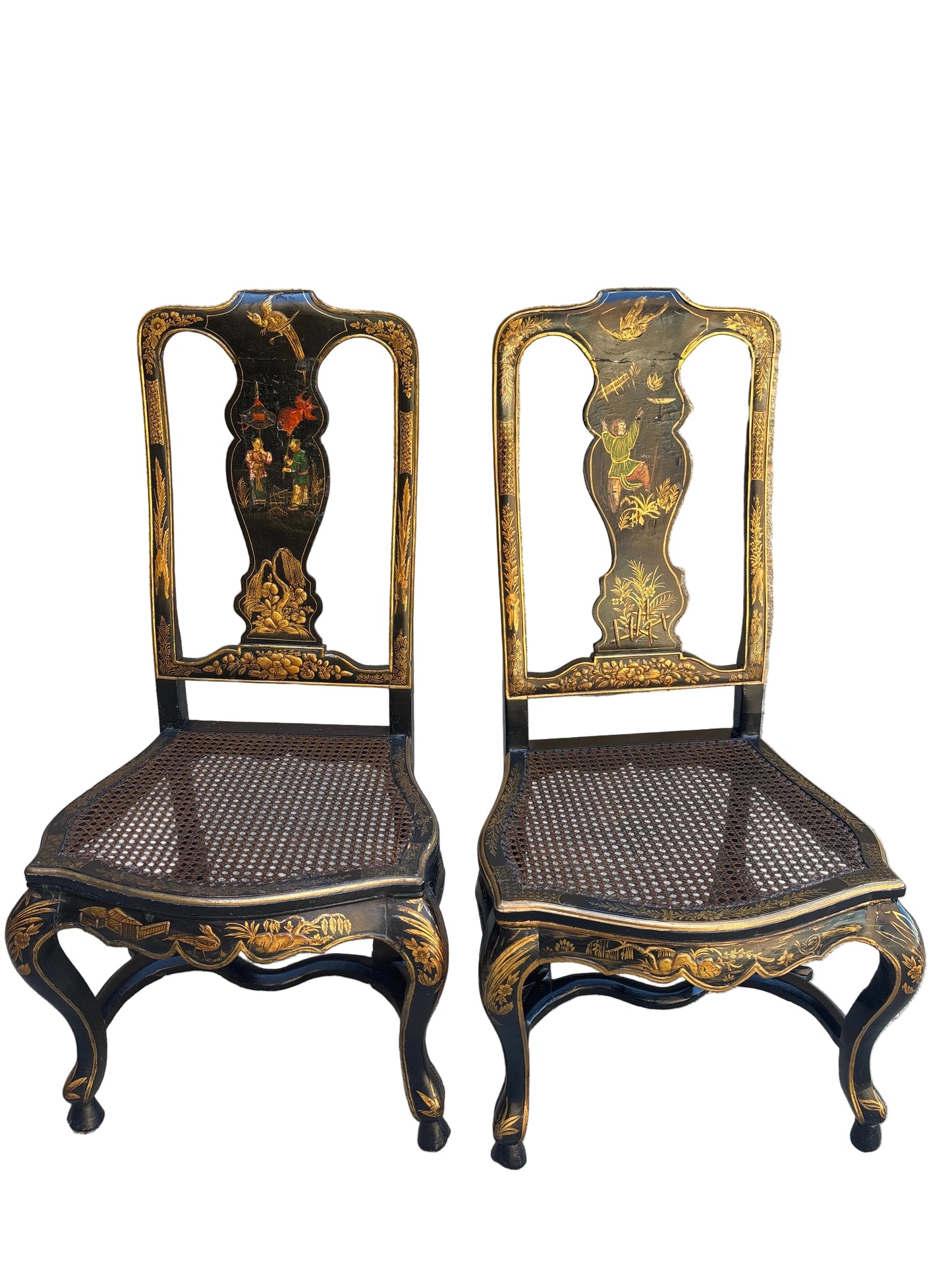 Pair Antique Chinoiserie Cane Side Chairs.
