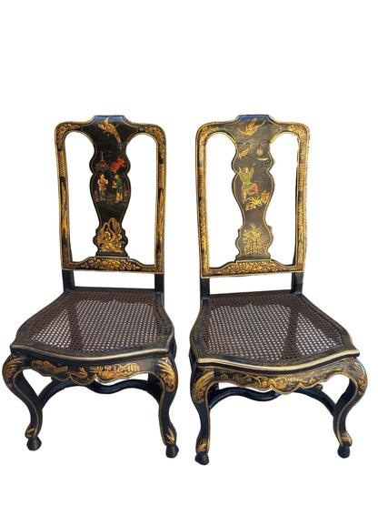 Pair Antique Chinoiserie Cane Side Chairs.