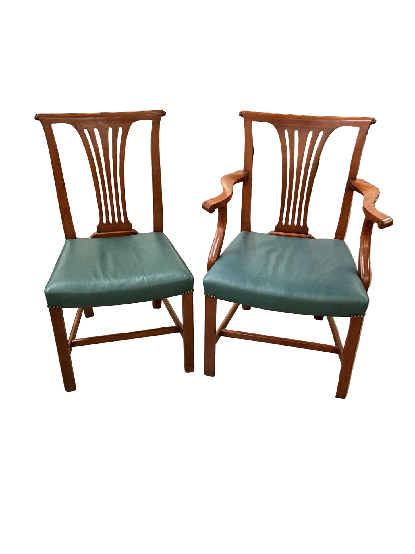 Set 8 Vintage Chippendale Green Leather Dining Chairs