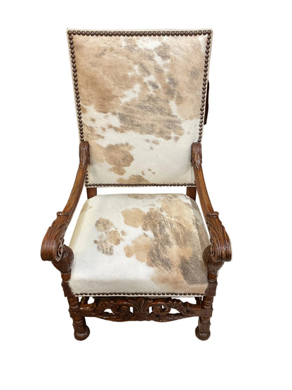 Antique Animal Hide Throne Chair w/Nail Head Trim