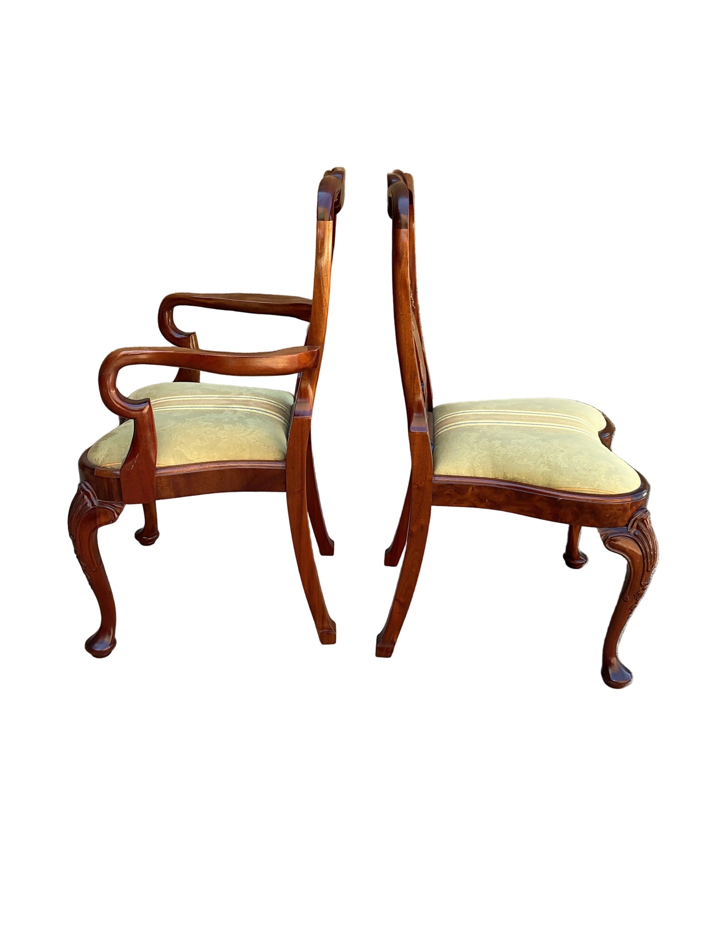 Set 10 BurlWood Dining Chairs Green Damask Upholstery