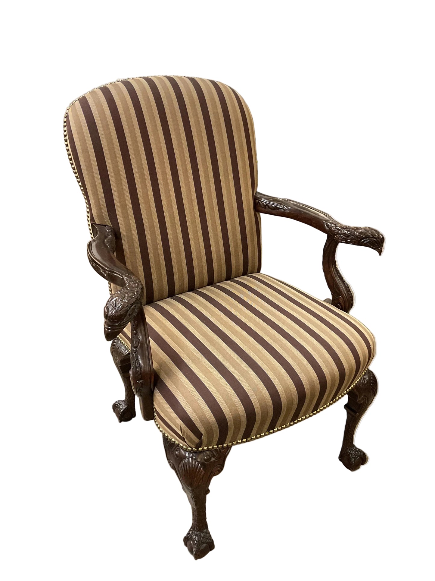 Pair Brown Striped Carved Eagle Head Arm Chairs by William Switzer