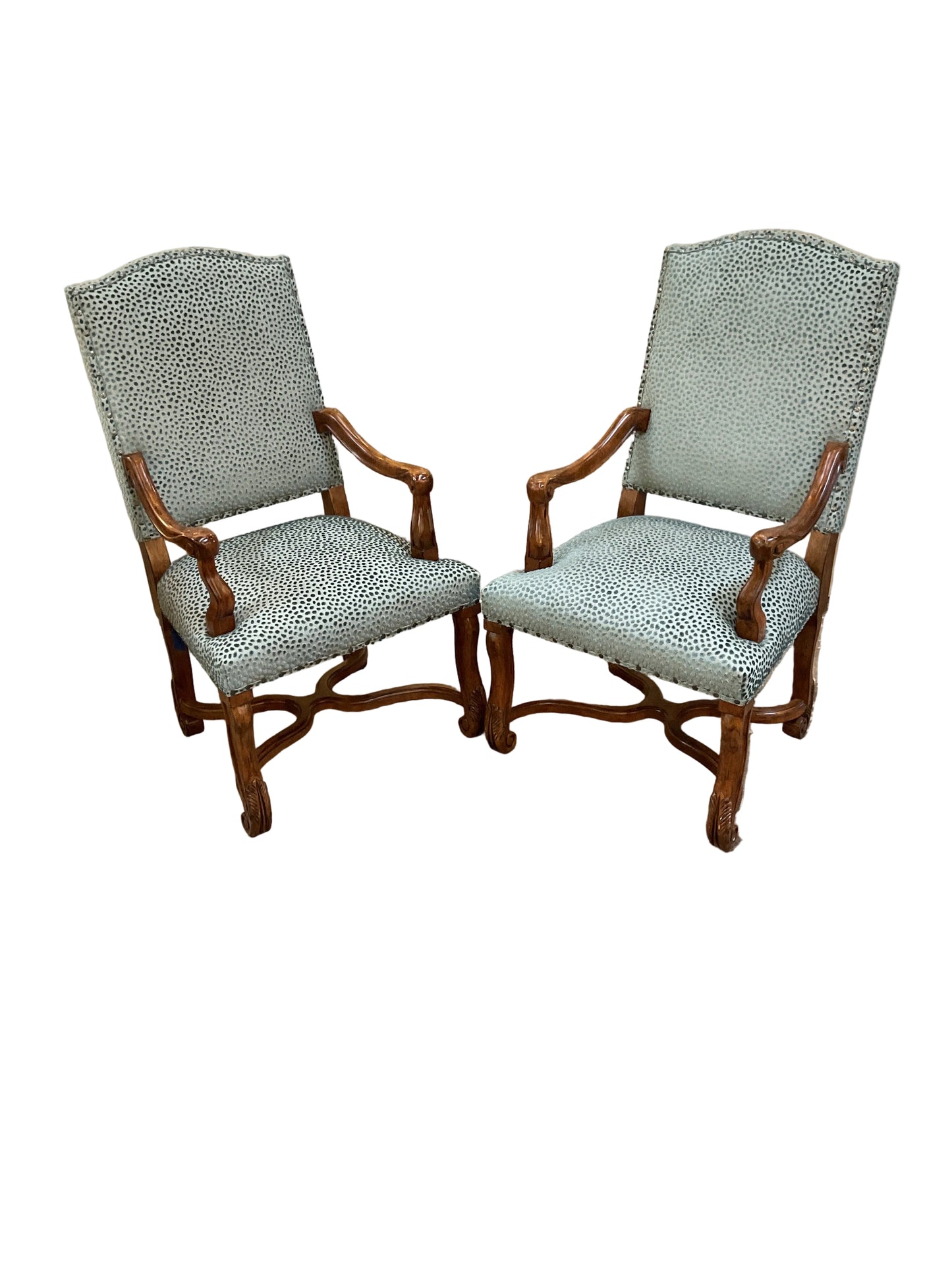 Pair Louis XV Style Carved Arm Chairs Teal Upholstery