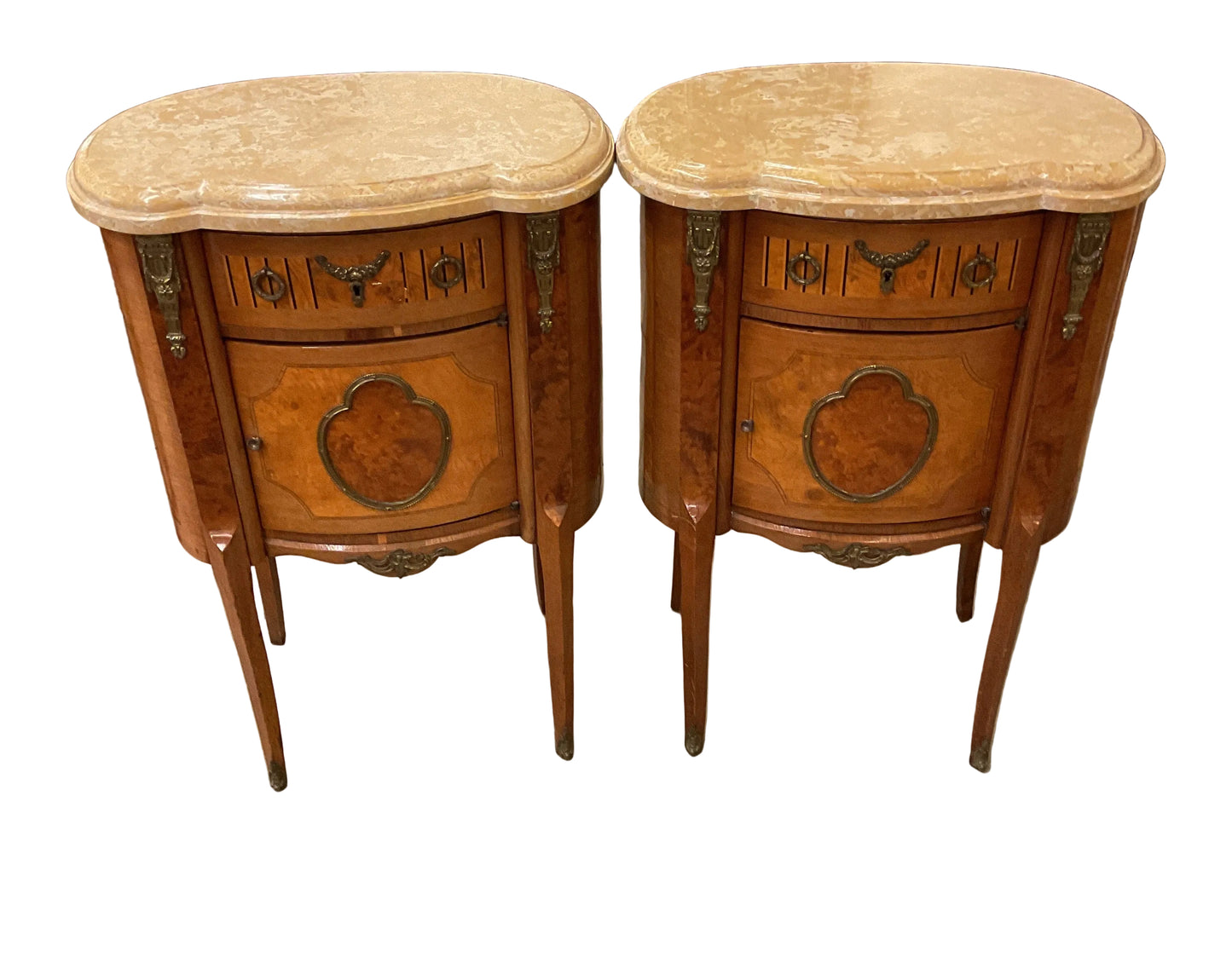 Pair French Louis XVI Marble Top Nightstands