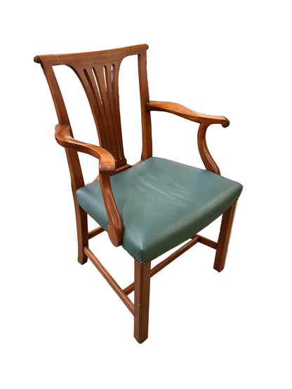 Set 8 Vintage Chippendale Green Leather Dining Chairs