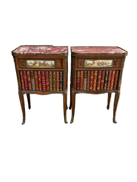 Pair of French Nightstands Faux Book Facade