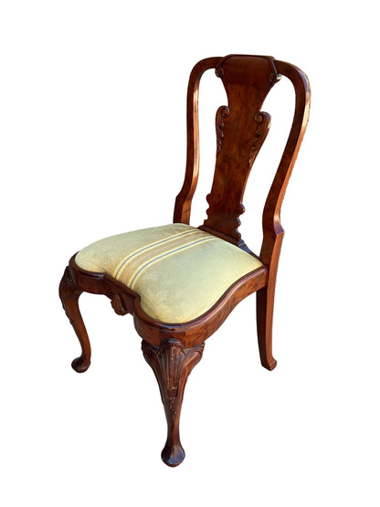 Set 10 BurlWood Dining Chairs Green Damask Upholstery