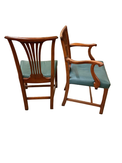 Set 8 Vintage Chippendale Green Leather Dining Chairs