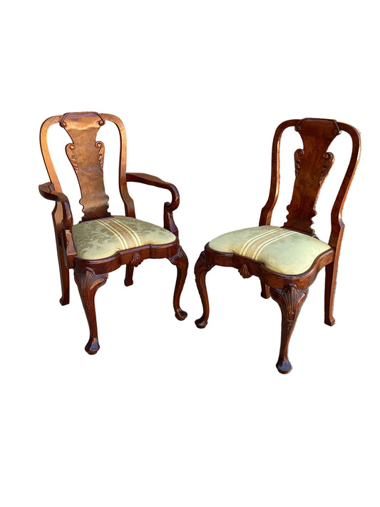 Set 10 BurlWood Dining Chairs Green Damask Upholstery