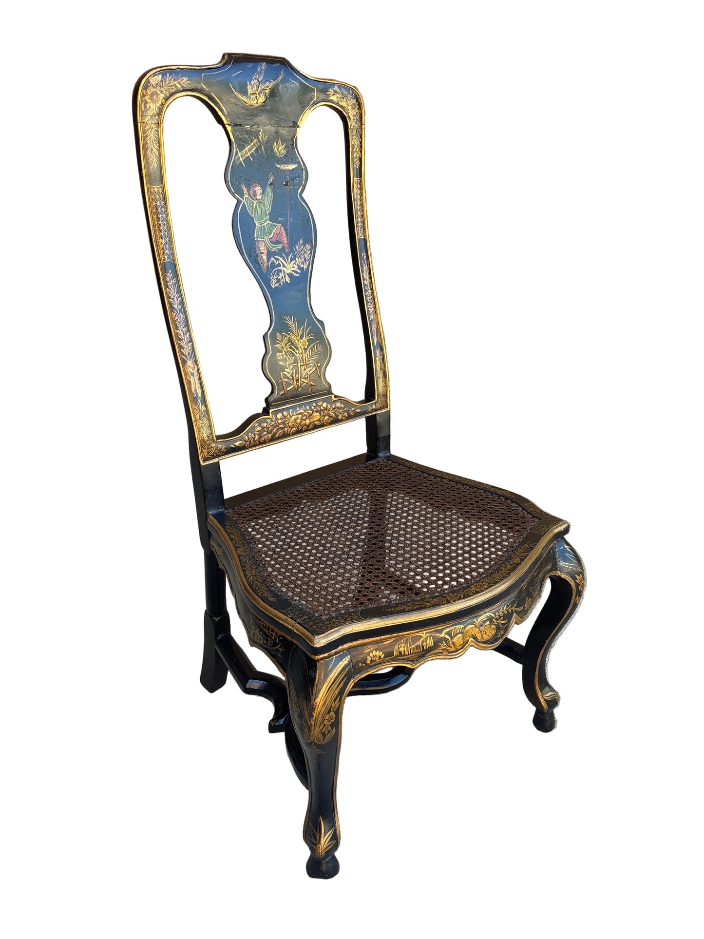 Pair Antique Chinoiserie Cane Side Chairs.