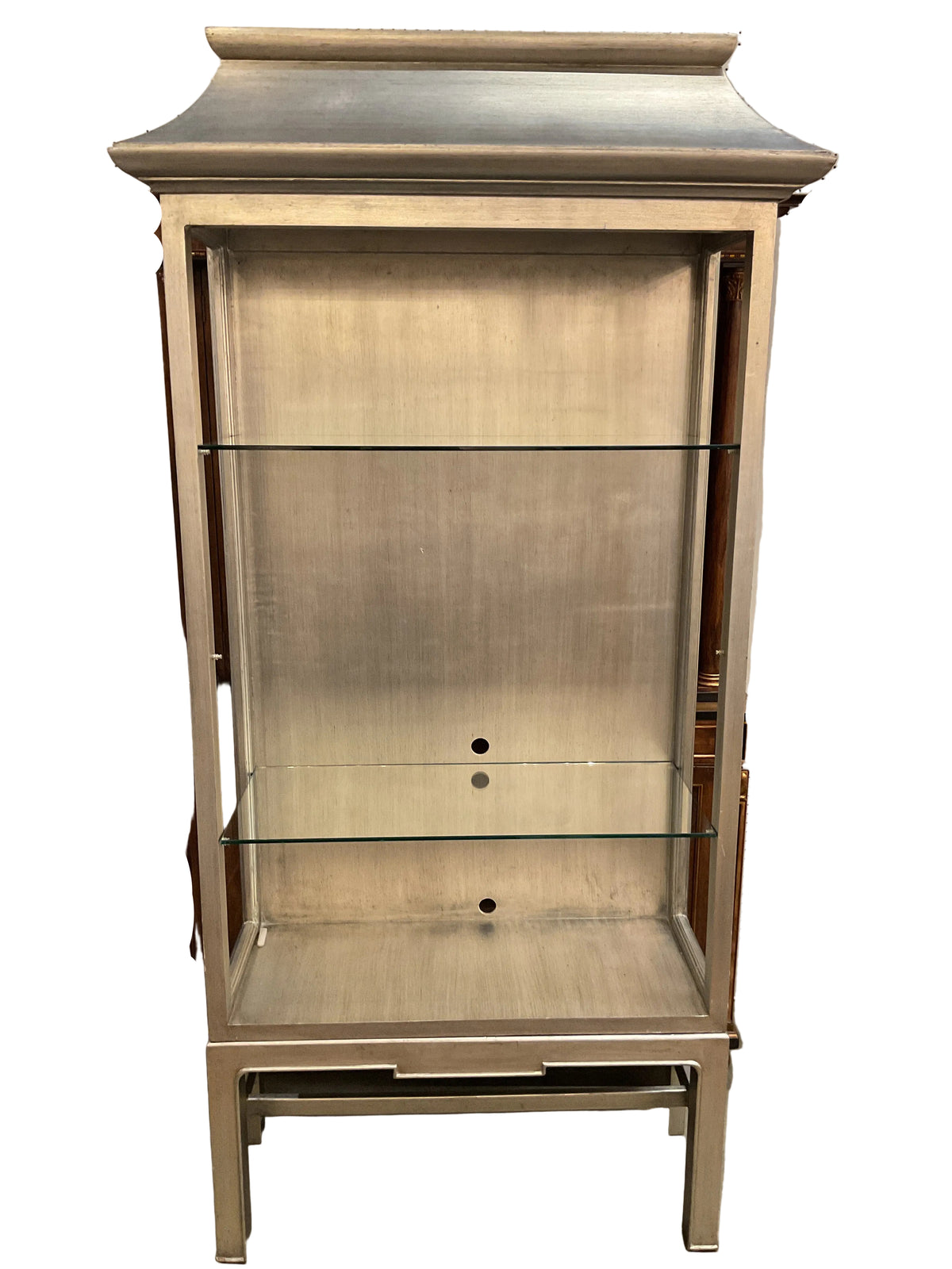 Pair Silver Leaf Wood Etagers w/Glass Shelves