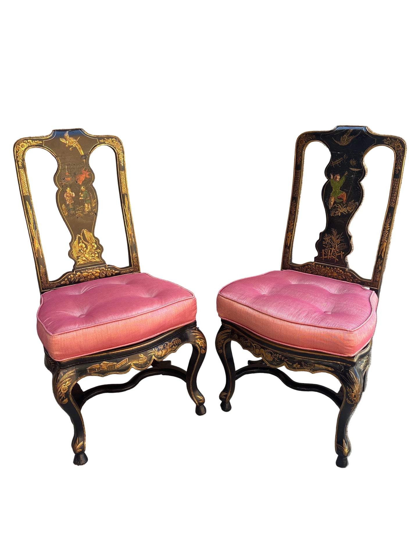Pair Antique Chinoiserie Cane Side Chairs.
