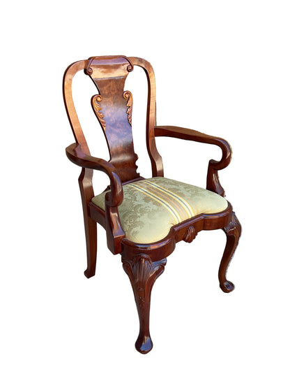 Set 10 BurlWood Dining Chairs Green Damask Upholstery