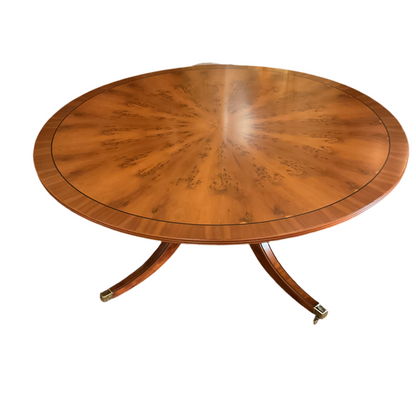 English Yew Wood Regency Style Round Dining Table.