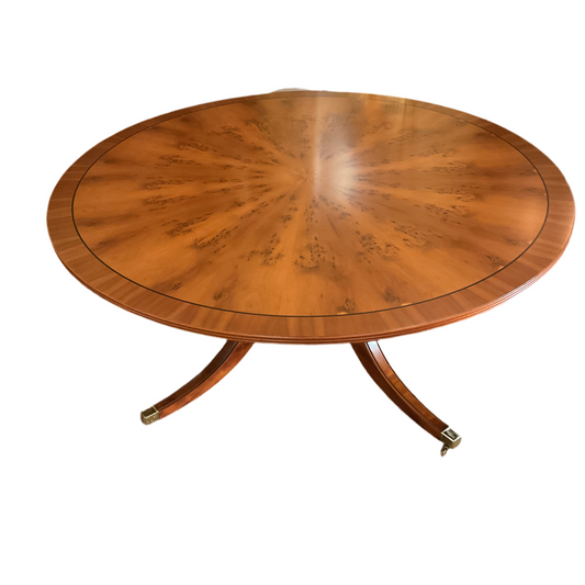 English Yew Wood Regency Style Round Dining Table.
