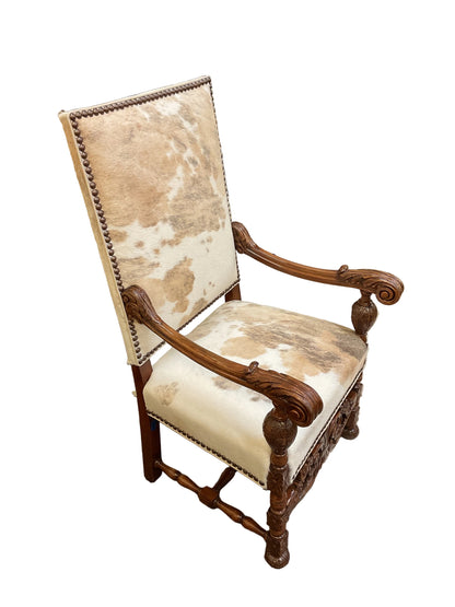 Antique Animal Hide Throne Chair w/Nail Head Trim