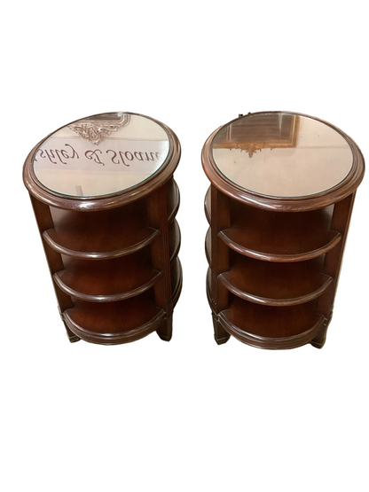 Pair Three Tier Mahogany Oval Side Tables By Milling Road /Baker