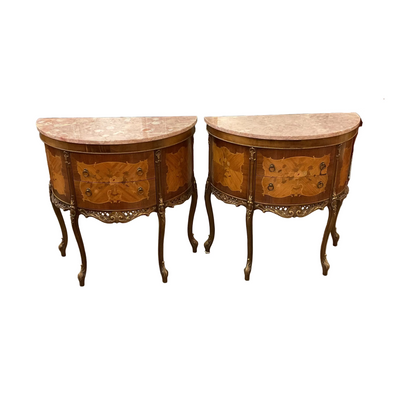 Pair  Marble Top Demi Lune End Tables