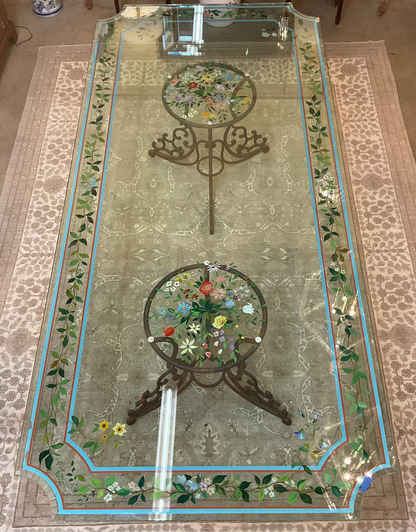 Custom Glass Top Dining Table Hand Painted Floral Designs