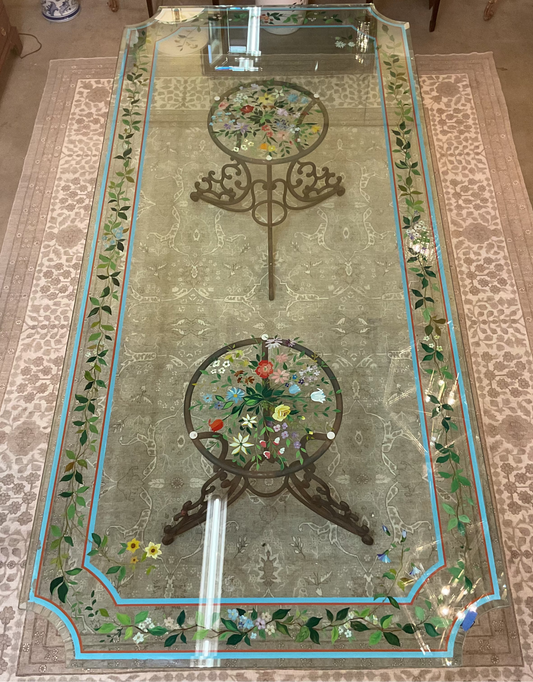 Custom Glass Top Dining Table Hand Painted Floral Designs