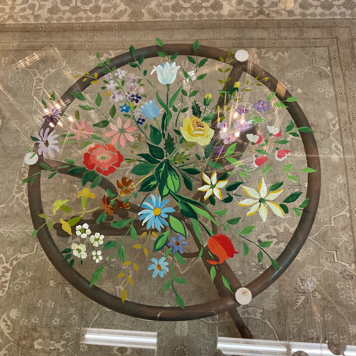 Custom Glass Top Dining Table Hand Painted Floral Designs