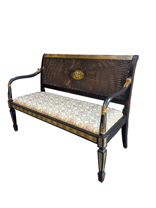 Wicker-back Bench w/Hand Painted Florals
