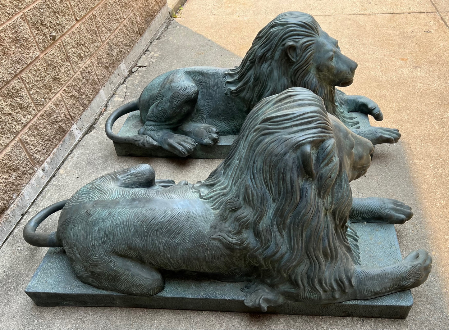 Pair Bronze Verte Ornate Green Lion Figures